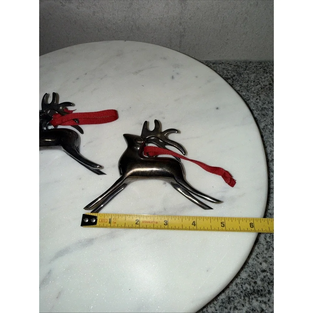 Pair Pottery Barn Silver Plated REINDEER Christmas Ornament with Red Ribbon